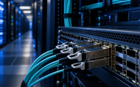 Optical transceivers and fibre cables connected to a high-speed data-centre switch